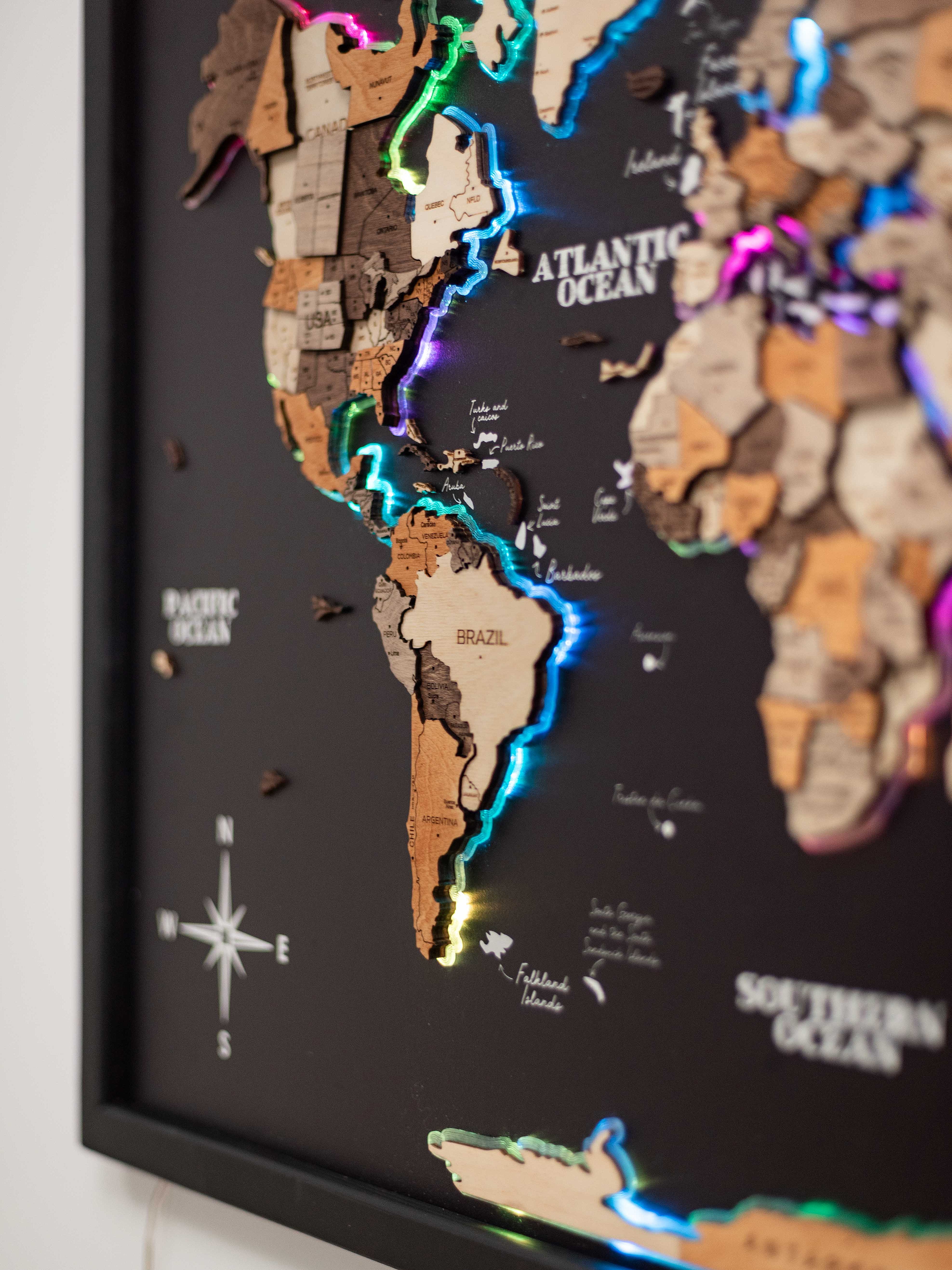 3D Wooden Panel Black World Map – Multicolor LED – Enjoy The Wood GCC