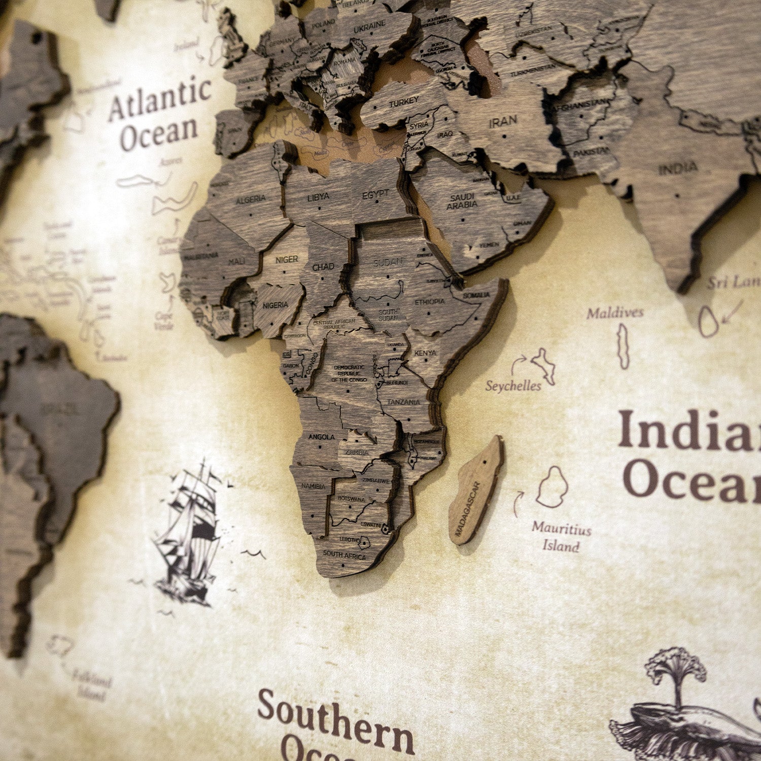 3D Wooden World Map on Panel – Dark Walnut Vintage | Home Decor UAE ...
