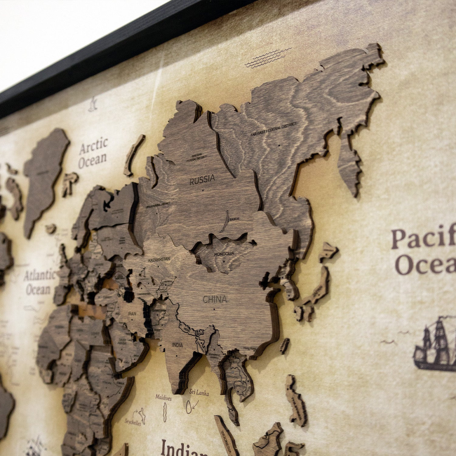 3D Wooden World Map on Panel – Dark Walnut Vintage | Home Decor UAE ...