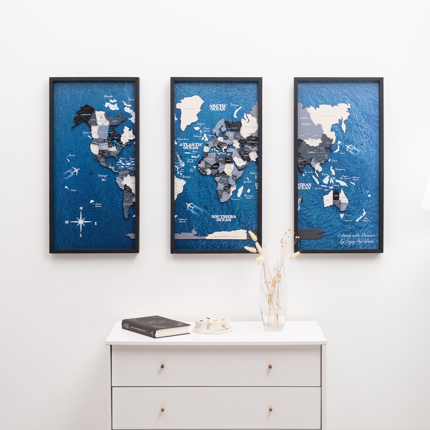 Wooden World Map on Triptych Panels - Nordik Color with Ocean ...