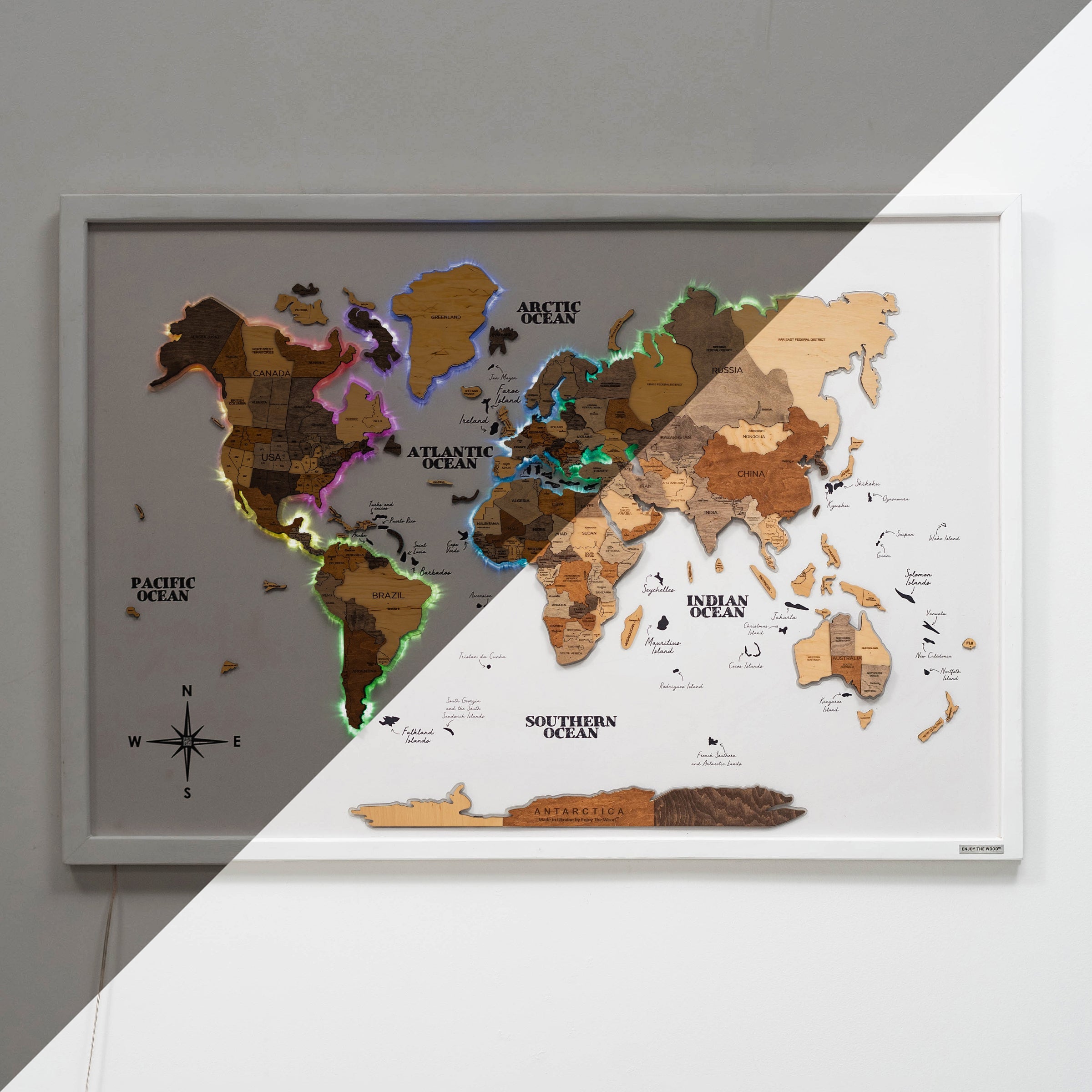 3D Wooden Panel White World Map – Multicolor LED – Enjoy The Wood GCC